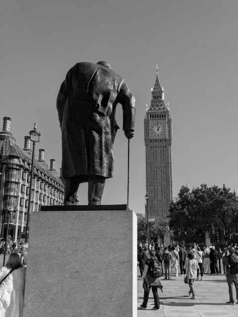 Churchill statue and Elizabeth clock tower in Westminster