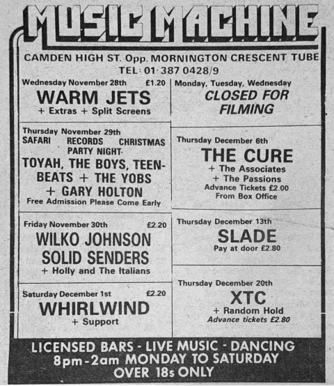 Music Machine advert from 1979 featuring The Cure