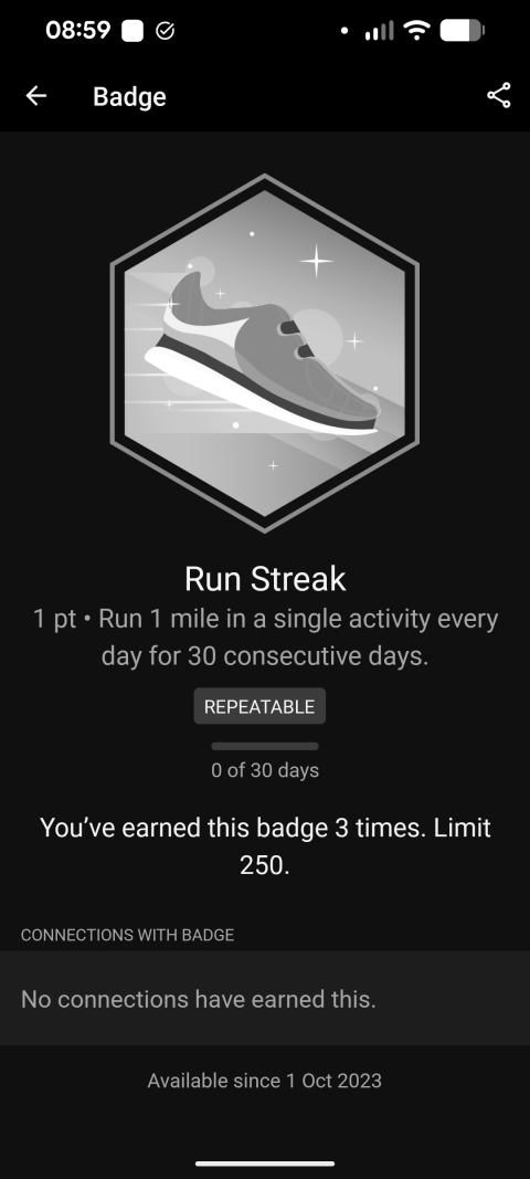 Run streak badge from Garmin