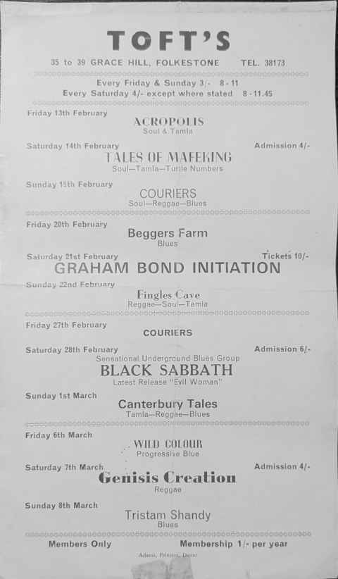 Tofts flyer 1970 featuring Black Sabbath, when they played Folkestone