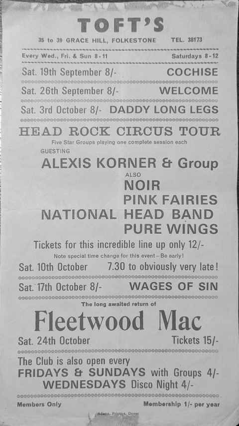 Tofts flyer 1970 featuring Fleetwood Mac, from when Fleetwood Mac played Folkestone