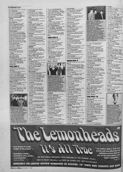Melody Maker gig guide December 1996