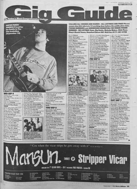 Melody Maker gig guide September 1996