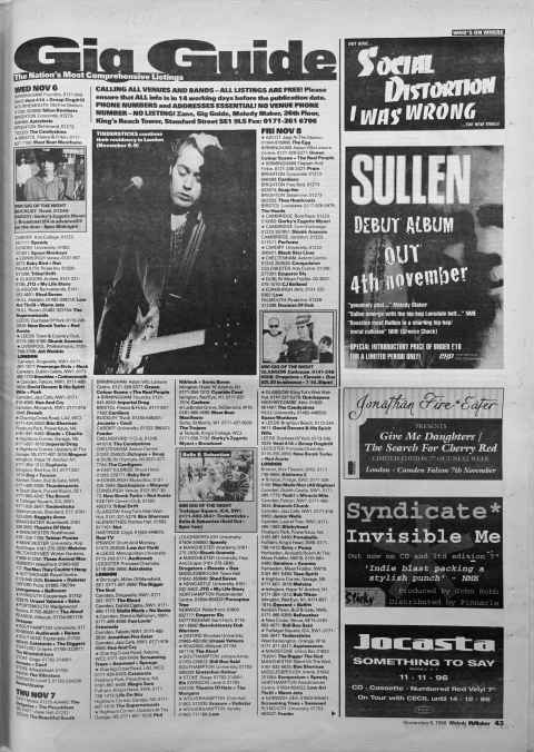 Melody Maker gig guide November 1996