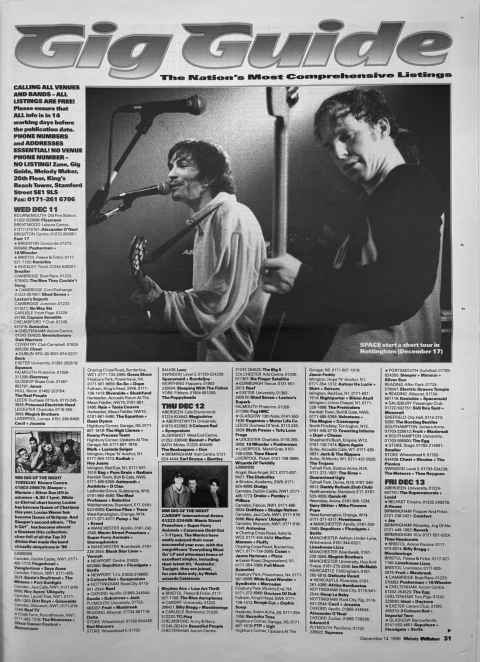 Melody Maker gig guide from December 1996