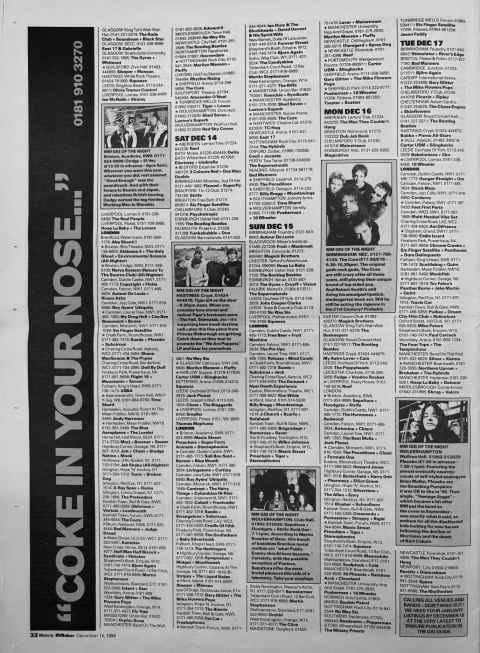 Melody Maker gig guide December 1996