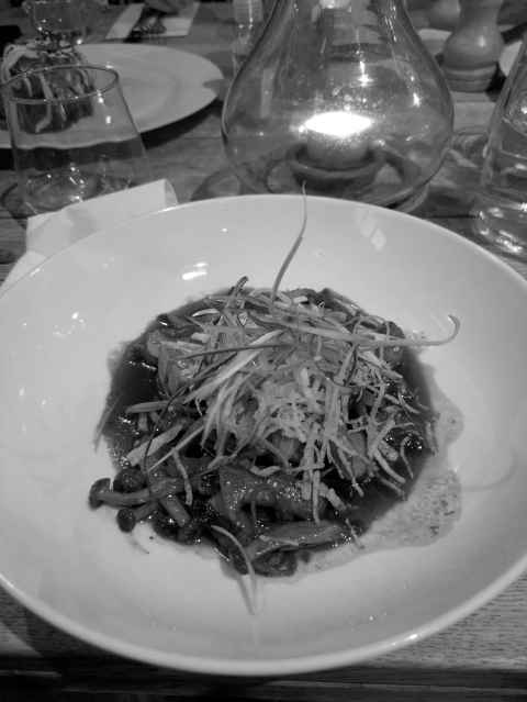 Seasonal mushrooms, shoestring potatoes, fermented chilli, spring onion, at The Radnor Arms